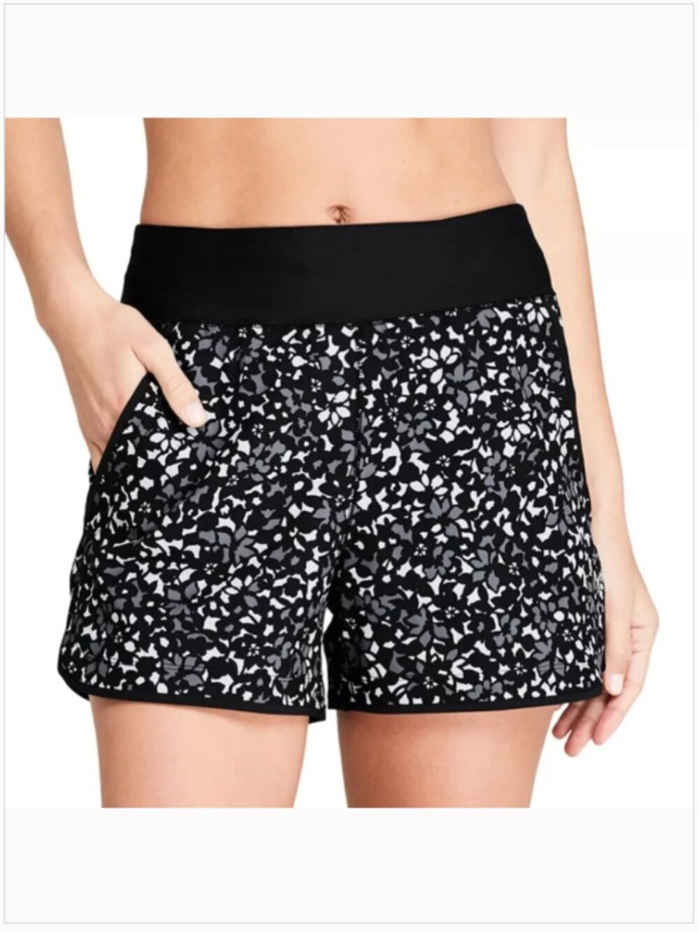 Land’s End Quick Dry Women's Floral Black White Patterned Swim Shorts, 14
